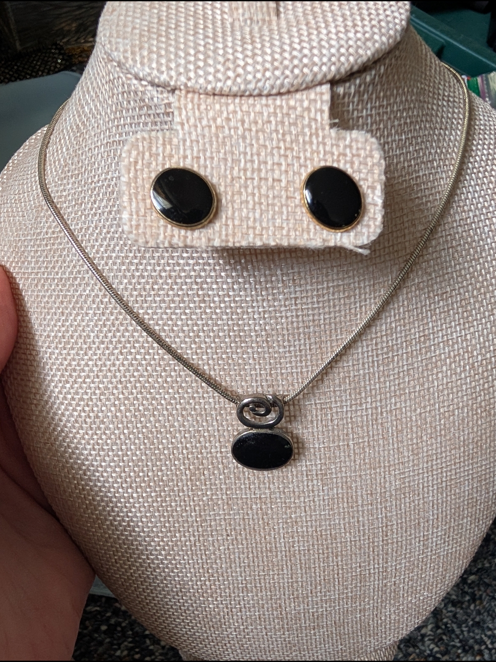 Classic Silver Tone Necklace - Black Oval Charm and Matching Stud Earrings Set